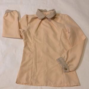 Blush light pink Peter Pan tweed-like pastel collar & cuffs long sleeve blouse